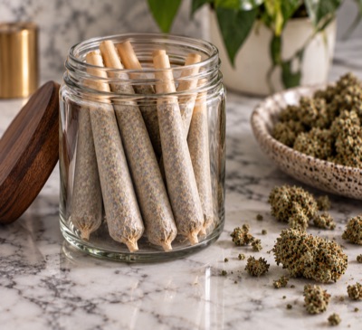 Pre-rolled joints on a marble counter