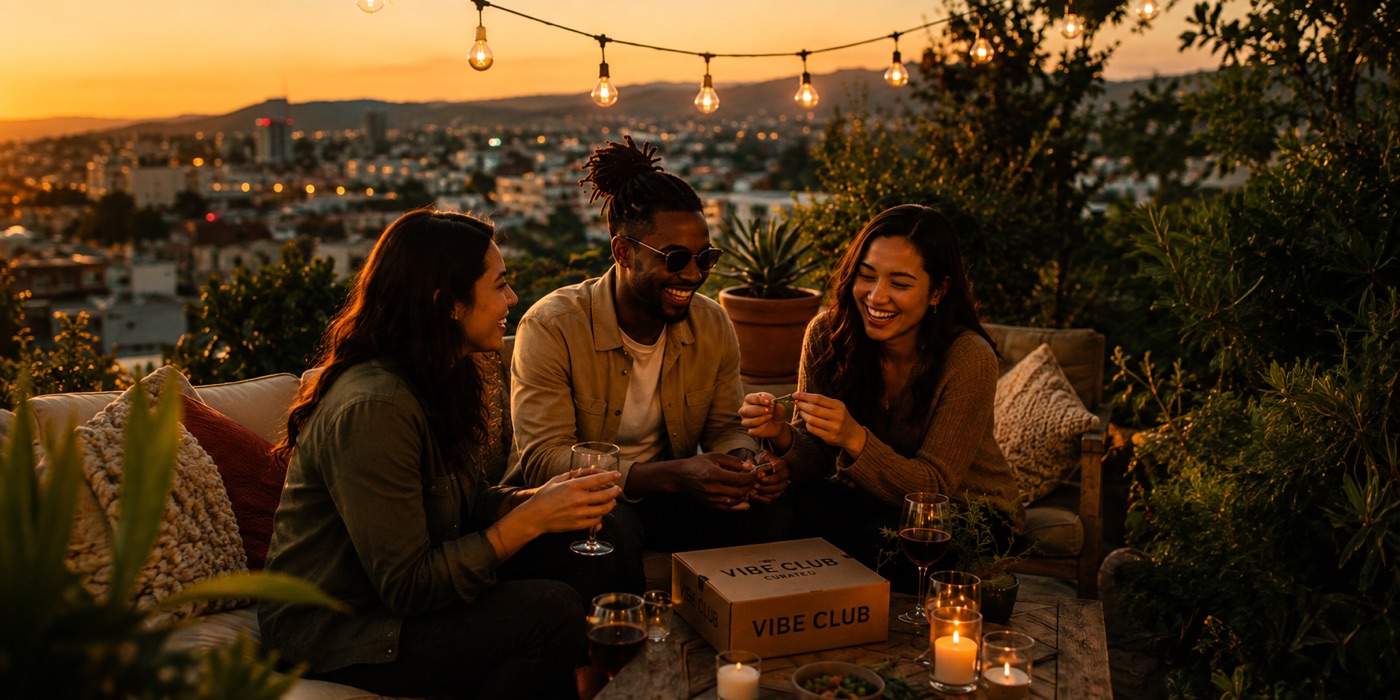 Friends sharing a Vibe Club box at sunset